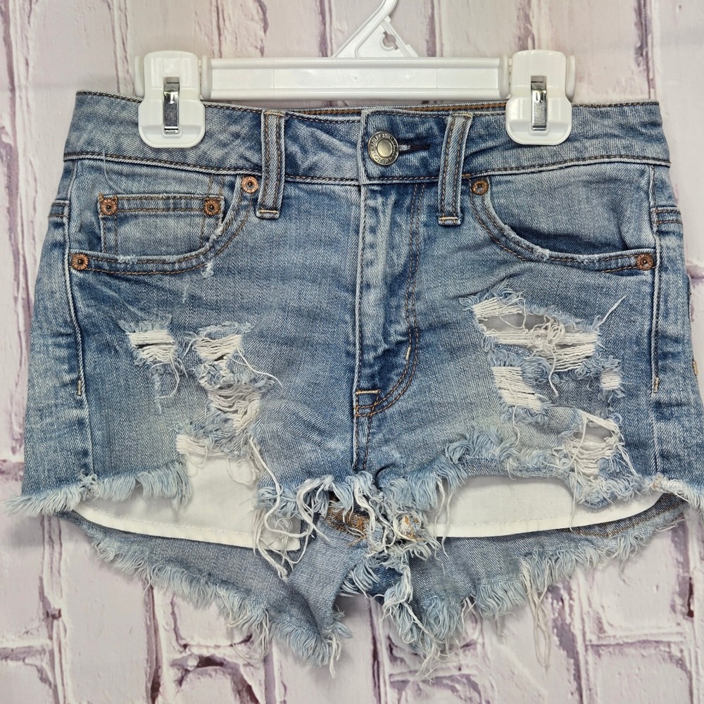 American Eagle Hi-Rise‎ Festival Shorts Blue Distressed Stretch Denim Womens 00